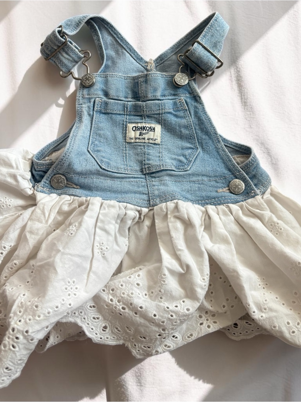 OshKosh B'gosh Light Blue Denim & White Eyelet Skirt Overalls - 12 M